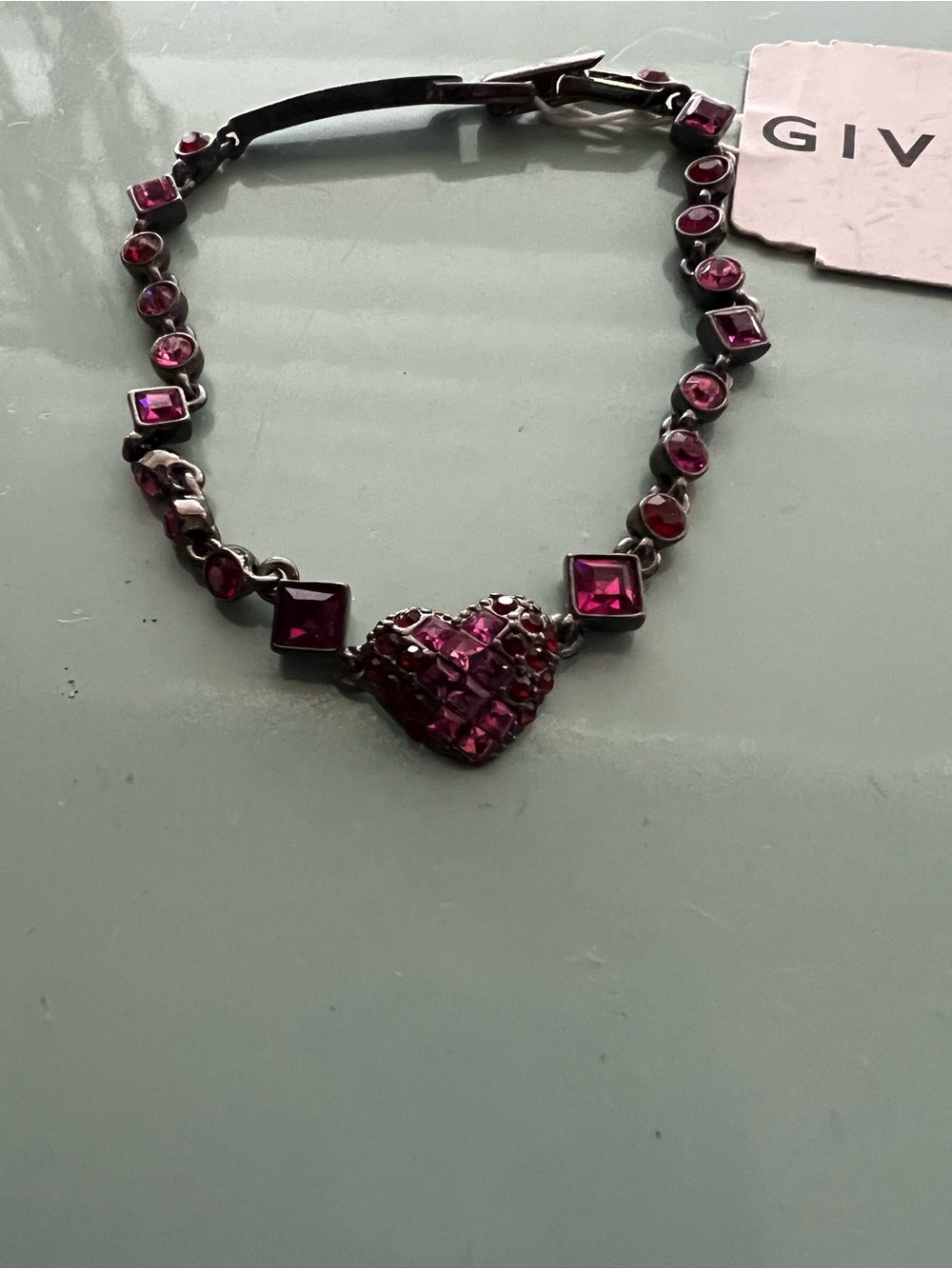 NWT Givenchy Pink Crystal Heart Gunmetal Love First Bracelet